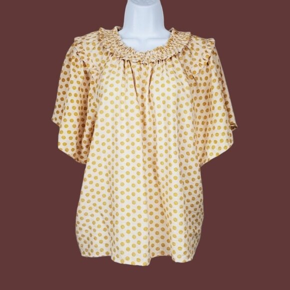 Voy Tops - Voy Womens Wide Sleeve Mustard Yellow Polka Dot Ruffle Neck Top Size S NWT